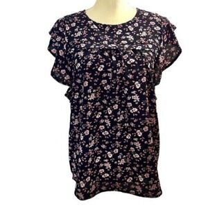 Monteau Los Angeles Women's L Black Red White Floral Cap Sleeve Blouse w/Ruffles